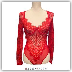 NEW Celebrity Lace Sheer Bodysuit Top in Red - Size S